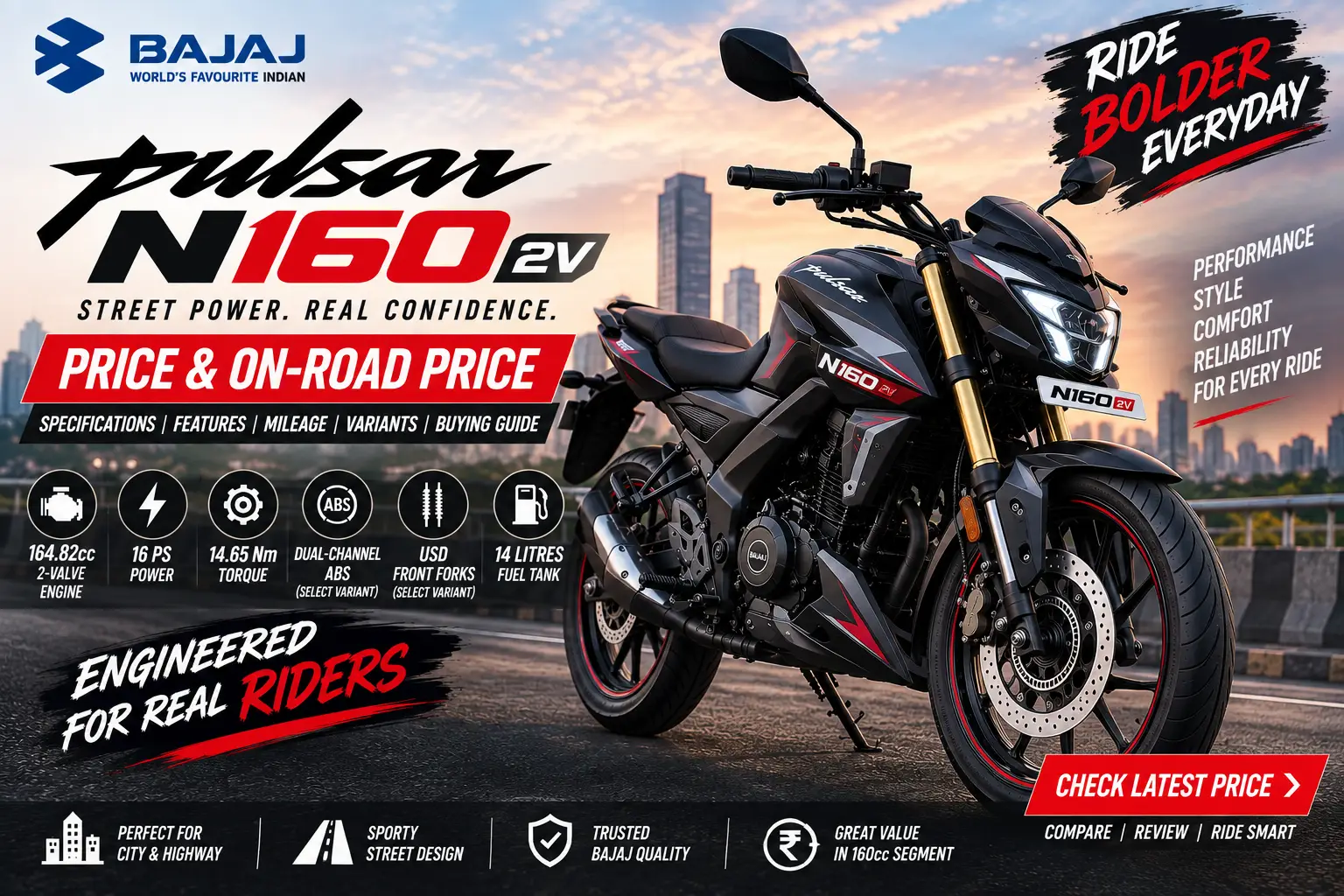 Create image Bajaj Pulsar N160 2V Price & On-Road Price